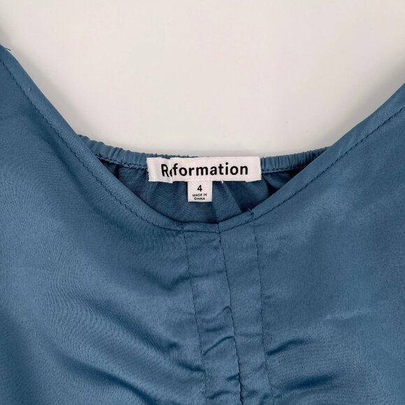 Reformation Long Sleeve Crop Top Size 4 Blue Ruched V-Neck Linen Blouse - Picture 6 of 9